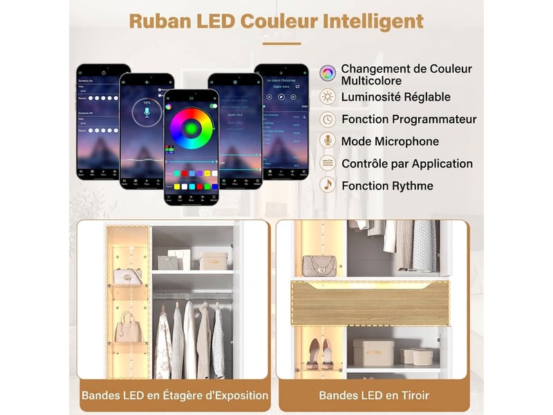  Armoire blanche avec éclairage led, penderie avec vitrine en verre, mdf pour chambre, armoire 75x50x200 cm  - Conforama W