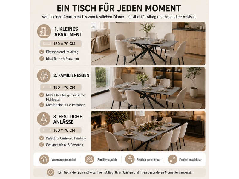 Table à manger extensible 150–180 x 70 x 75,5 cm - pieds croisés - plateau effet béton - noir et gris - Conforama D