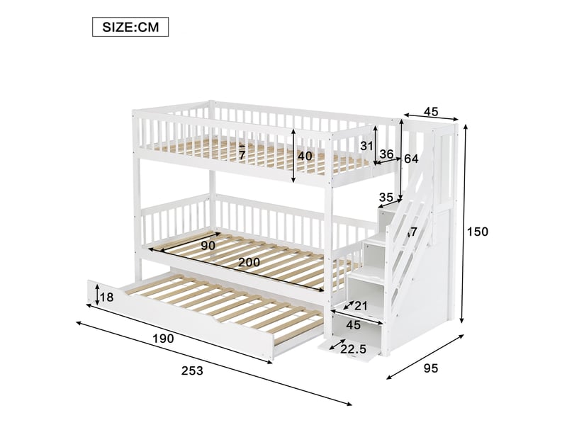 Lit superposé enfant avec lit gigogne et échelle-rangement blanc 90 x 200190 cm - Conforama E