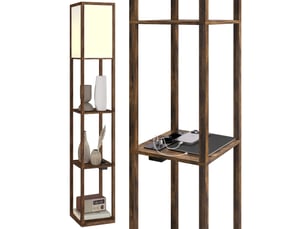 Lampadaire avec étagères, lumière réglable et ports usb, 3 niveaux en mdf marron pour salon ou chambre