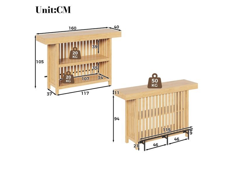  Table de bar haute 160 x 40 x 105 cm, 2 étagères et repose-pieds, mdf, effet bois naturel Sol Morn - Conforama C
