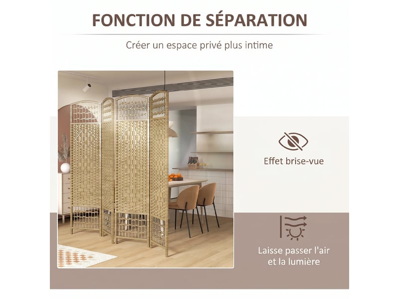  Paravent intérieur en bois séparateur de pièce cloison pliable 4 panneaux bois naturel 160 x 170 cm  - Conforama W