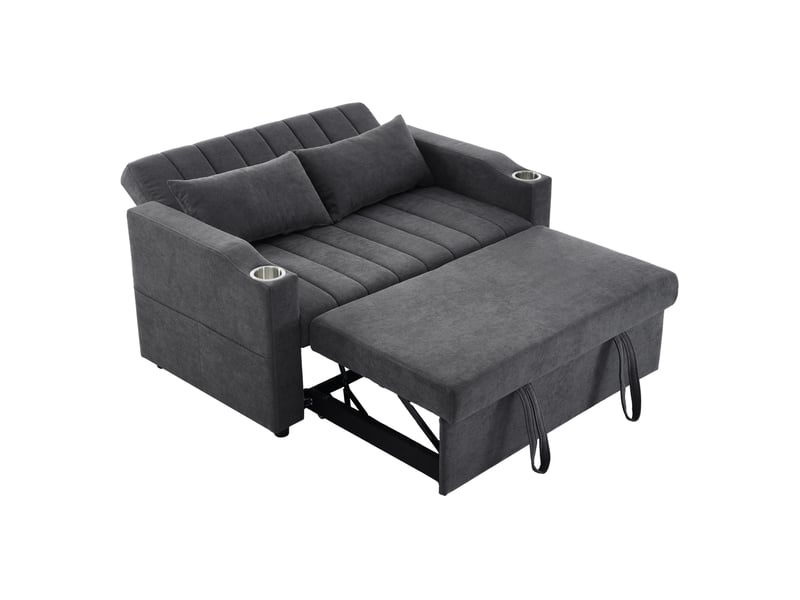  Canapé-lit 2 places 136 x 162 cm – gris – dossier réglable 3 positions, porte-gobelets et coussins  - Conforama A