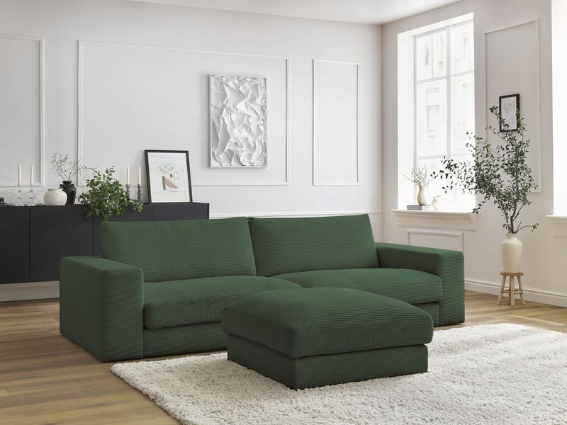  Bobochic canapé droit fixe 3 places leonard velours côtelé avec pouf vert foncé LEONARD - Conforama C