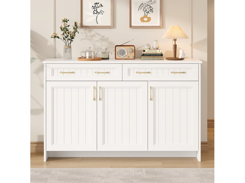 Buffet avec 2 tiroirs et 3 portes 140x40x90 cm, meuble de salle à manger, mdf blanc - Conforama W