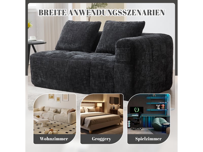  Canapé droit style méridienne avec coussin et poches latérales en chenille noir, 158×90×60 cm  - Conforama E