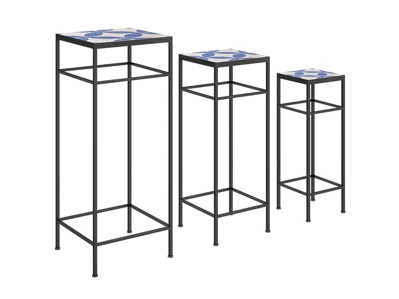  Lot de 3 porte-plantes en métal 28x28x71 cm – bleu et blanc – empilables, plateaux à motif mosaïque  - Conforama A