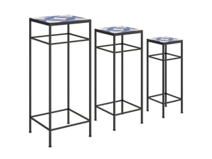 Lot de 3 porte-plantes en métal 28x28x71 cm – bleu et blanc – empilables, plateaux à motif mosaïque