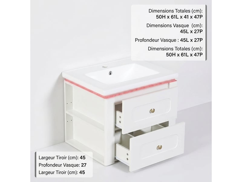  Meuble salle de bain suspendu 61 cm blanc brillant avec vasque et led, 2 tiroirs  - Conforama C
