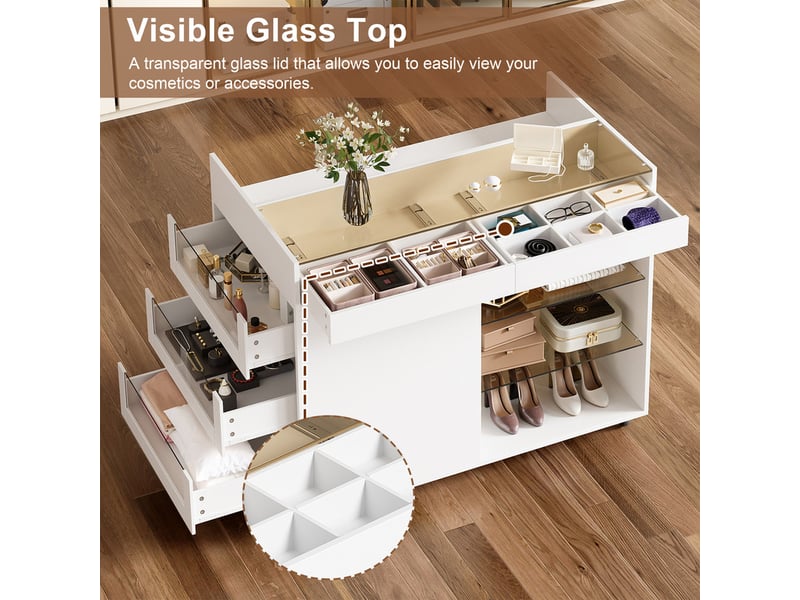  Commode 110 × 60 × 79 cm - meuble de rangement multifonctionnel - avec 5 tiroirs et étagères - avec roulettes - blanc  - Conforama R