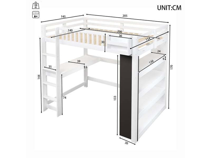  Lit surélevé 140 x 200 cm blanc, tableau noir, bureau, étagère, rangements, led, structure pin et mdf, sans matelas  - Conforama B
