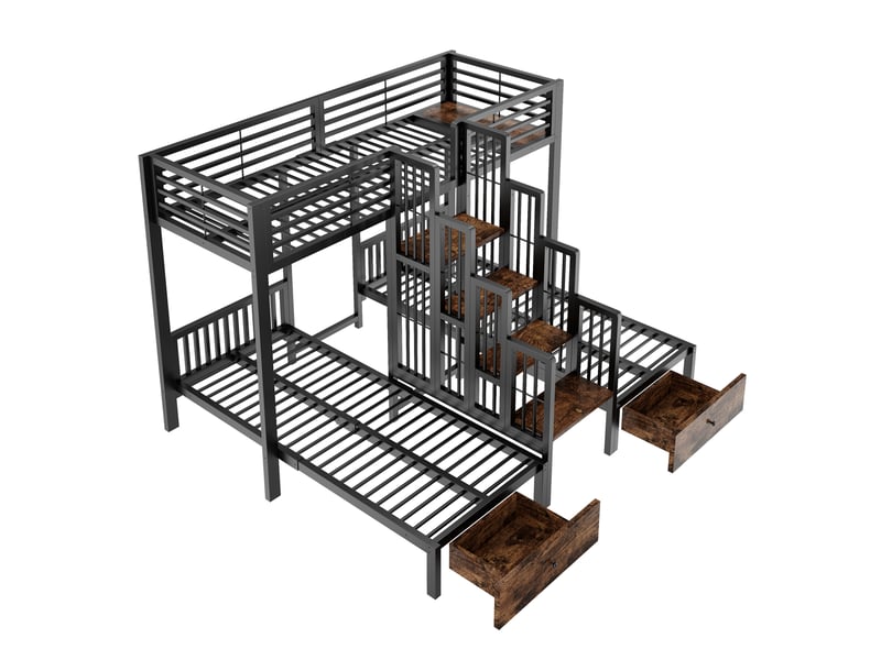  Lit superposé en métal 90 x 200 cm - avec escalier - avec barrières de sécurité - avec 2 tiroirs - noir (matelas non inclus)  - Conforama R