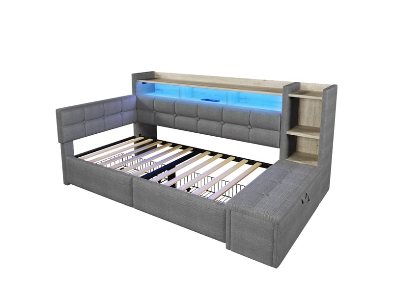  Lit banquette 90 × 190 cm, 2 tiroirs, coffre au pied, étagère, led multicolore, usb et usb-c, velours gris foncé  - Conforama A