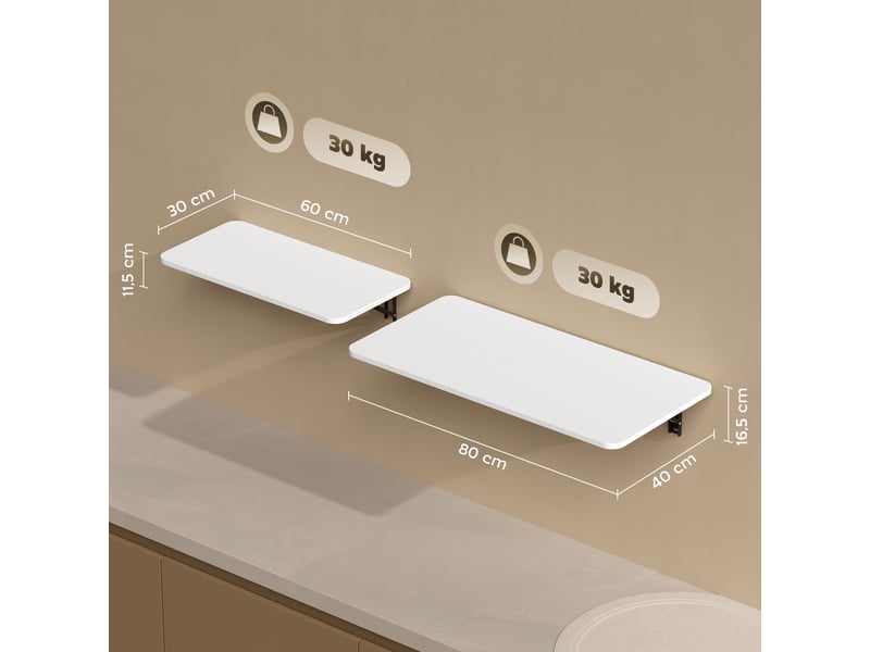  Ensemble de 2 tables pliantes murales, en bois laqué blanc brillant, idéales pour la cuisine, la salle à manger ou le bureau.  - Conforama E