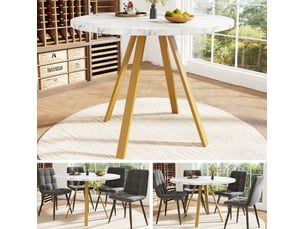Table à manger ronde 80x80x75 cm en mdf effet marbre blanc et pieds dorés