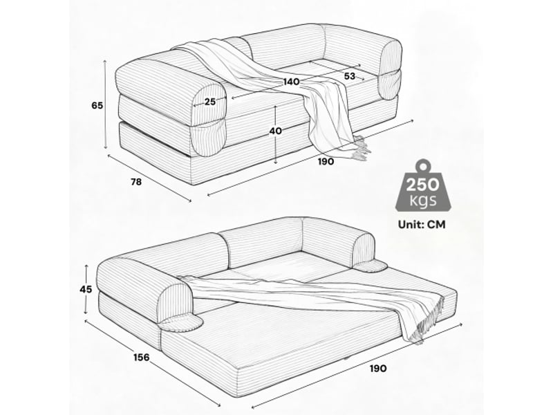  Canapé-lit 2 places en velours côtelé doux – convertible et compact, idéal salon et chambre d’amis  - Conforama C