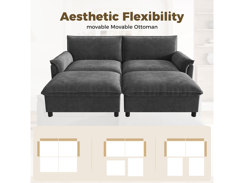  Canapé modulable gris 4 places avec 2 poufs de rangement - tissu chenille  - Conforama C