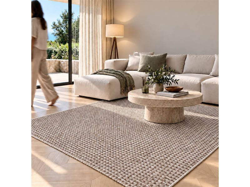  The white stone tapis extérieur à carreaux 200x290 cm gris | pour intérieur et extérieur, résistant aux uv et à l'eau, lavable | tapis en polypropylène tissé à plat effet sisal  - Conforama E