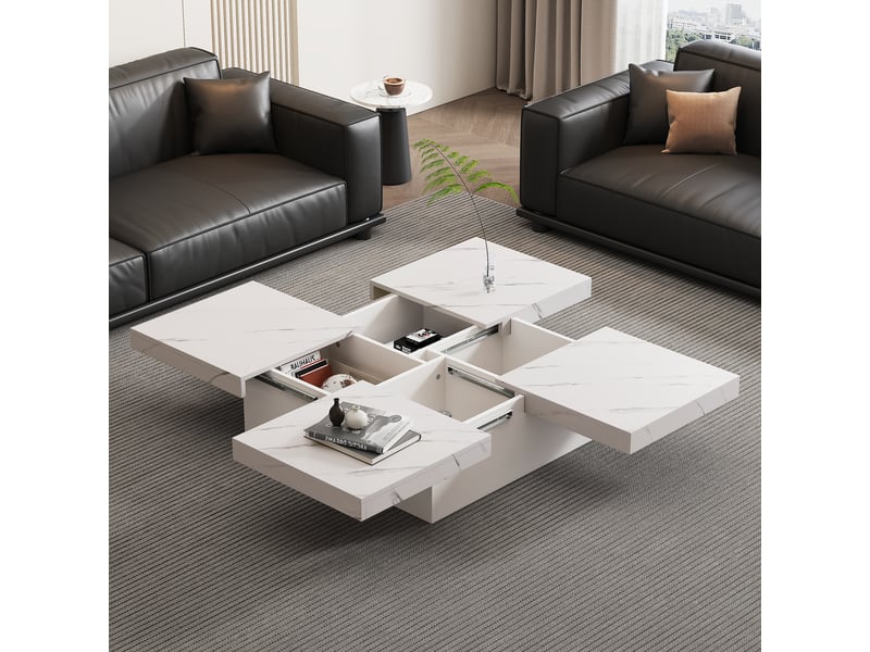  Table basse carrée blanche effet marbre 90x90 cm avec 4 tiroirs et plateau coulissant  - Conforama W
