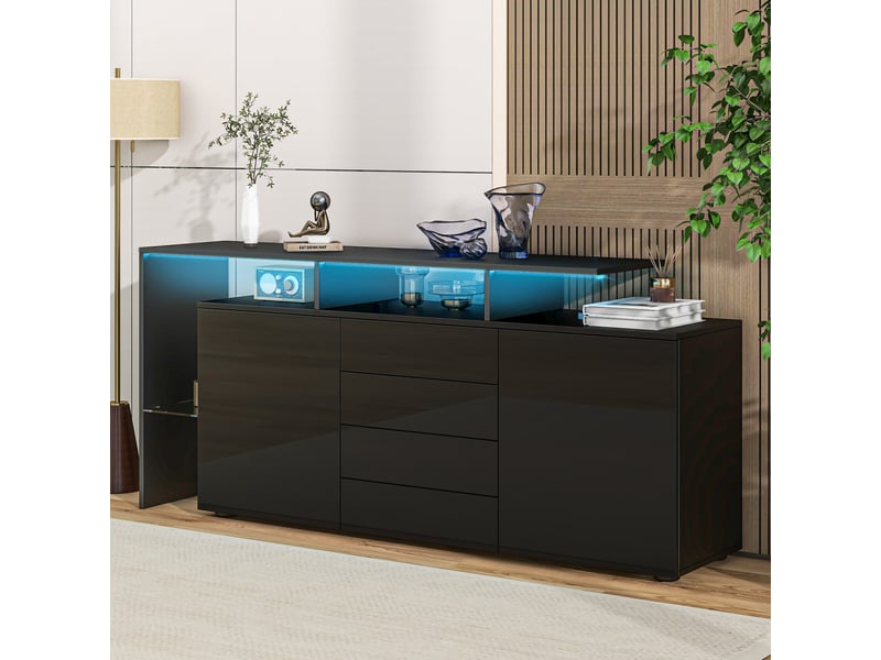 Buffet noir brillant 2 portes 4 tiroirs avec éclairage led 160 cm - Conforama B