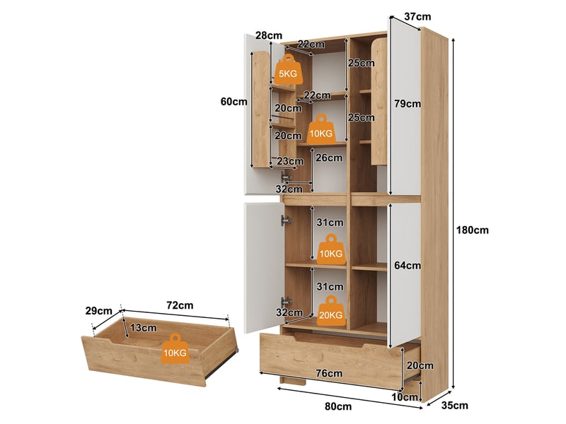  Buffet haut 80x35x180 cm blanc avec grand tiroir, rangements de porte et étagères réglables Fay Lum - Conforama C