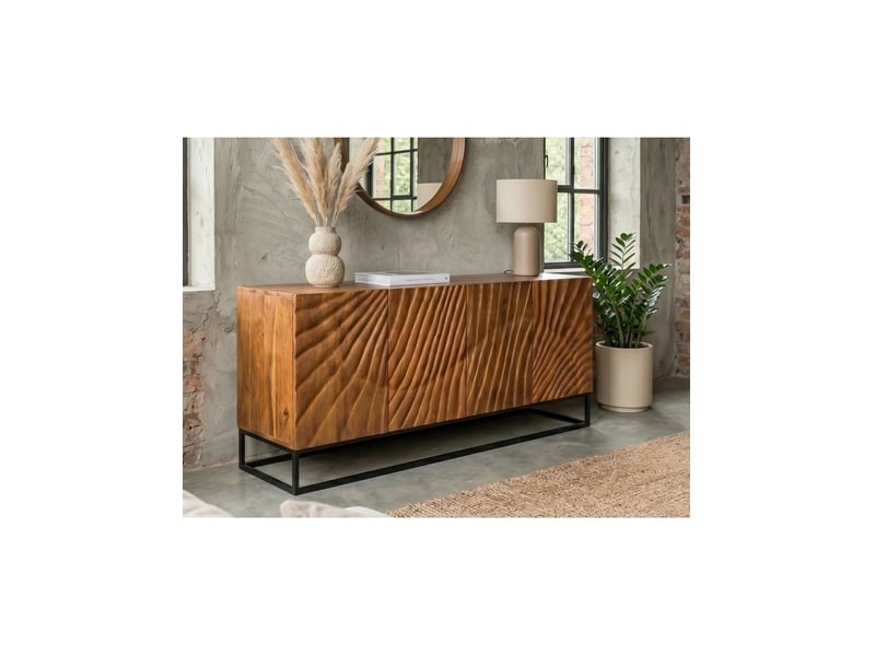  Buffet silva 177 cm en bois massif de manguier sculpté – 4 portes et piètement métal noir  - Conforama B