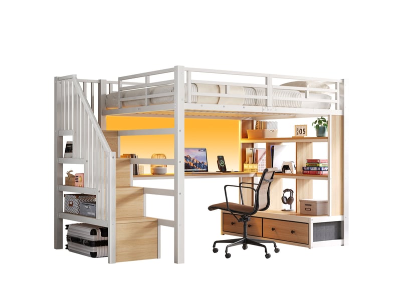  Lit mezzanine 140x200 cm avec bureau et rangements, escalier avec rangement et 2 tiroirs, led intégrée, métal blanc  - Conforama B