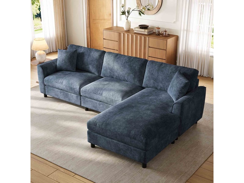  Canapé d'angle l 3 places 256x137x79 cm en chenille avec méridienne réversible 90 cm, assises confortables, canapé modulable moderne - bleu  - Conforama E