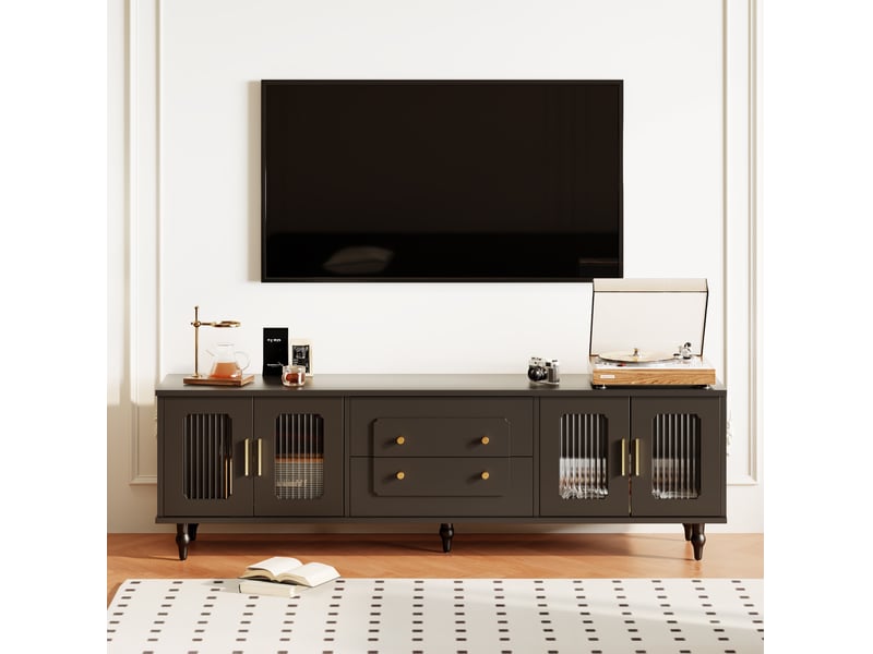  Meuble tv bas noir 175 x 38 x 55,5 cm, 4 portes en verre strié et tiroirs  - Conforama E
