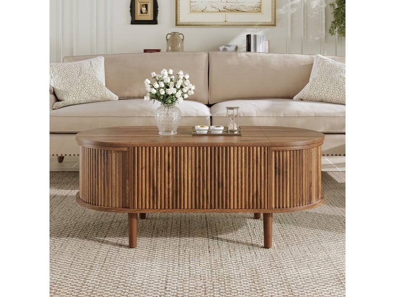  Table basse relevable ovale avec rangements rabattables, pieds en bois massif, pour salon, noyer, 100 × 48 × 53,5 cm  - Conforama C