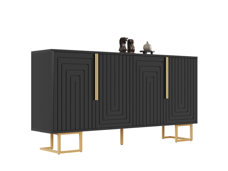 Buffet bas noir en mdf – 2 portes, 4 compartiments, détails dorés – 152 x 40 x 75 cm - Conforama A