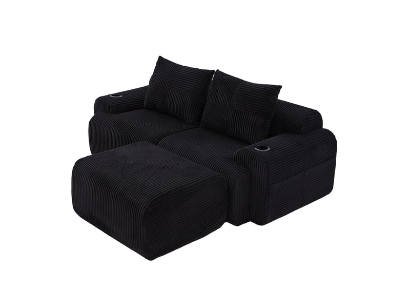  Canapé modulaire 2 places en velours côtelé avec 2 poufs, porte-gobelets, noir  - Conforama E