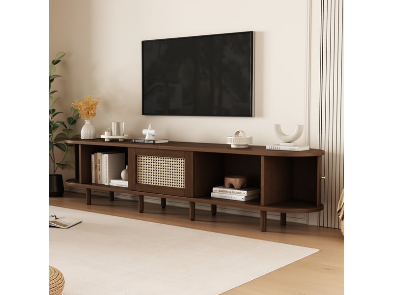 Meuble tv ovale en noyer foncé, pieds réglables, design rotin meuble télé 180 cm design mdf, capacité de charge 30 kg  - Conforama R
