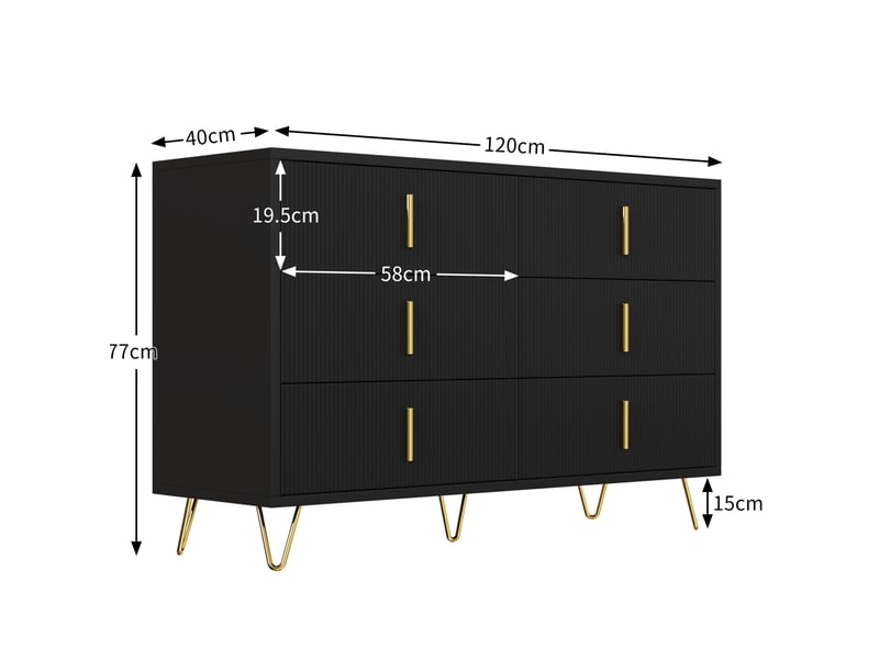 Commode bas 120x77x40 cm 6 tiroirs design moderne surface ondulée poignées pieds dorés panneau particules noir et doré  - Conforama C