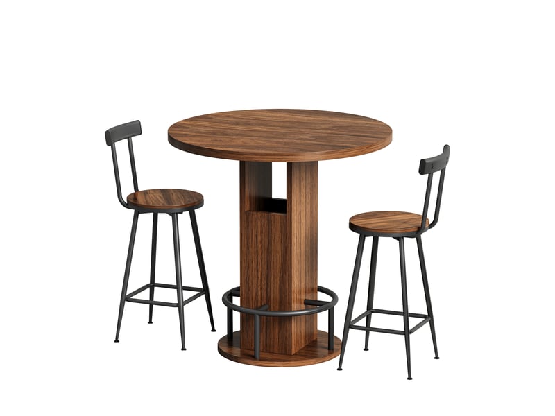 Ensemble table haute ronde avec deux tabourets, diamètre 80 cm, rangements intégrés, panneaux de particules et acier, effet noyer  - Conforama A