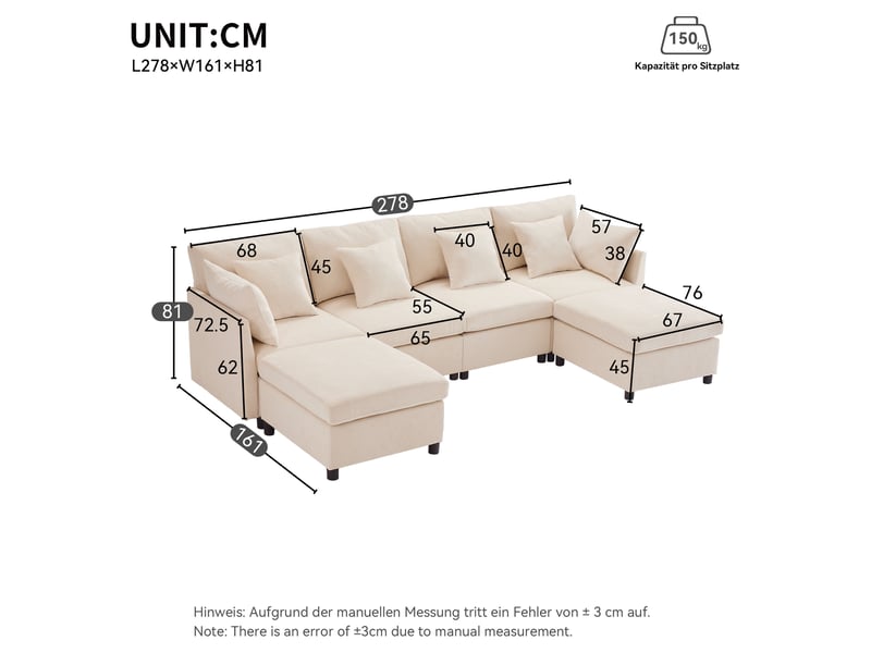  Canapé modulable 4 à 6 places 278x161x81 cm, configurable en u ou l, avec 2 poufs mobiles, 6 coussins, assise profonde, tissu chenille,beige  - Conforama E