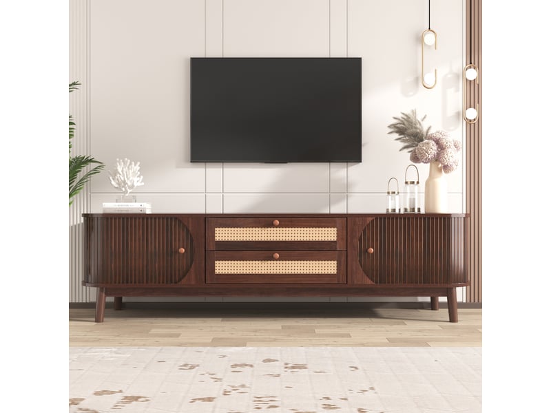  Meuble tv rotin naturel 170 cm avec portes et tiroirs, meuble tv bois massif style campagne, charge 50kg  - Conforama E