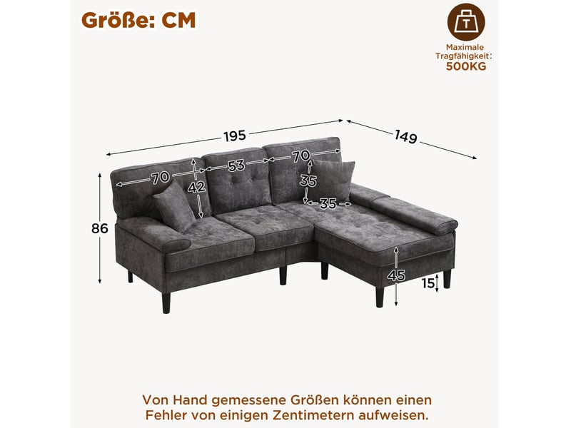  Canapé d'angle modulable 195x149x86 cm convertible avec pouf mobile, 3 places, bois, gris antique, pouf mobile et les  - Conforama C