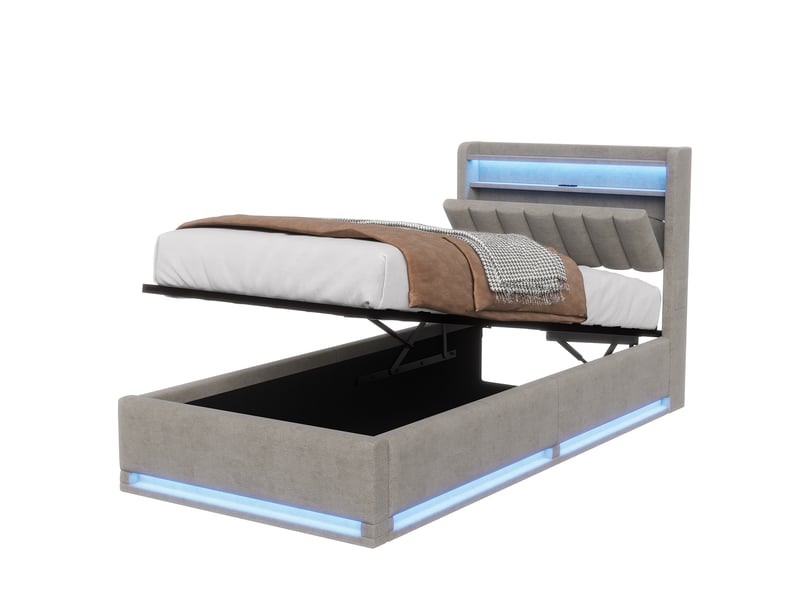  Lit coffre 90 x 200 cm avec led-lit simple rembourré 90x200 cm- ports usb- lit adulte de rangement -lit ado-velours- gris  - Conforama A