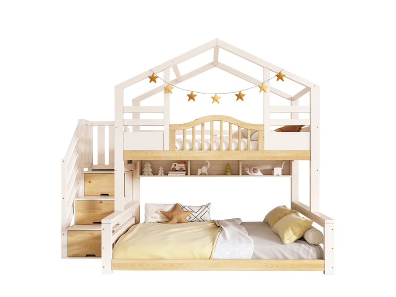 Lit superposé cabane 90x200 et 140x200 cm lit enfant familial avec escalier à rangements,étagères,pin massif et mdf,blanc et naturel - Conforama A