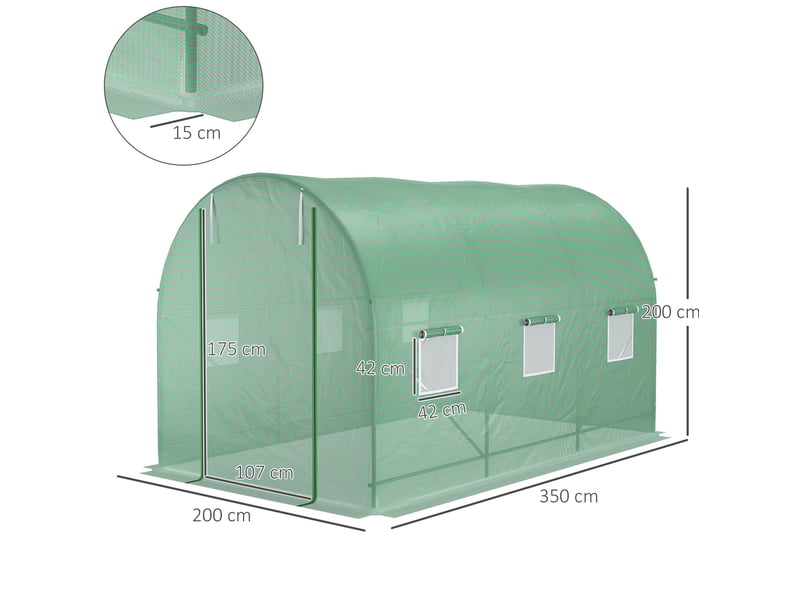  Serre de jardin tunnel 350 x 200 x 200 cm verte en pe avec armature acier et fenetres d'aeration laterales  - Conforama C