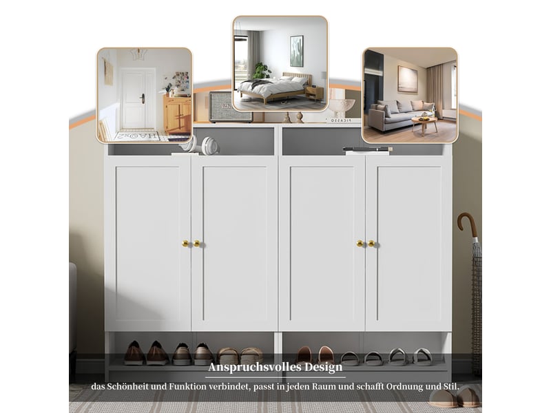  Meuble à chaussures blanc 146 × 34 × 109 cm, panneau de particules, 2 portes, étagères réglables, rangements ouverts  - Conforama D