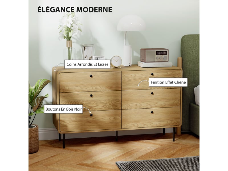  Commode 6 tiroirs meuble de rangement style moderne arrondis coins et pieds en acier 120 x 40 x 75cm effet bois de chêne  - Conforama E