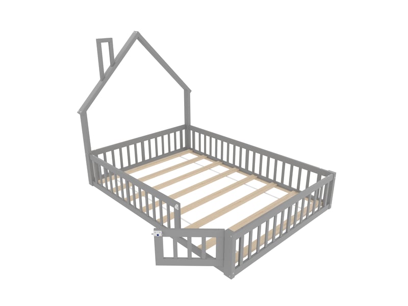 Lit enfant 140x190 gris, lit cabane avec cheminée en bois de pin, sommier à lattes inclus, style minimaliste pour chambre. - Conforama A