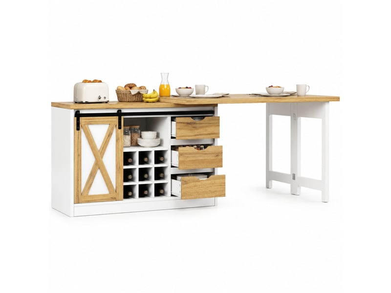  Desserte de cuisine avec 3 tiroirs, porte coulissante et table extensible pour cuisine en mdf 120-197×40×72 cm blanc  - Conforama A