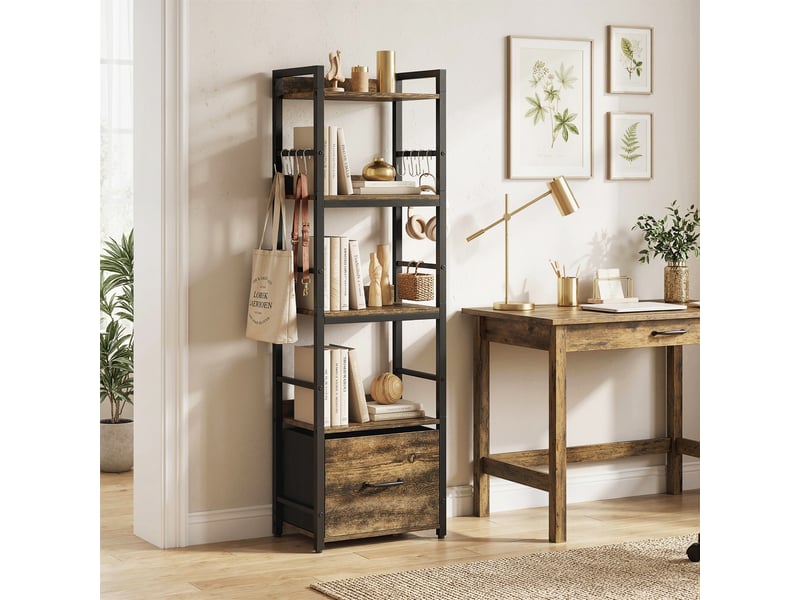  Bibliothèque à 4 niveaux, étagère de rangement étroite avec tiroir, 8 crochets, , 39 x 26 x 136,5 cm, brun rustique  - Conforama C