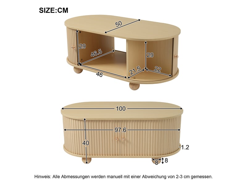  Table basse ovale avec portes coulissantes et grand rangement, style industriel pour salon moderne, 100 × 50 × 40 cm  - Conforama D