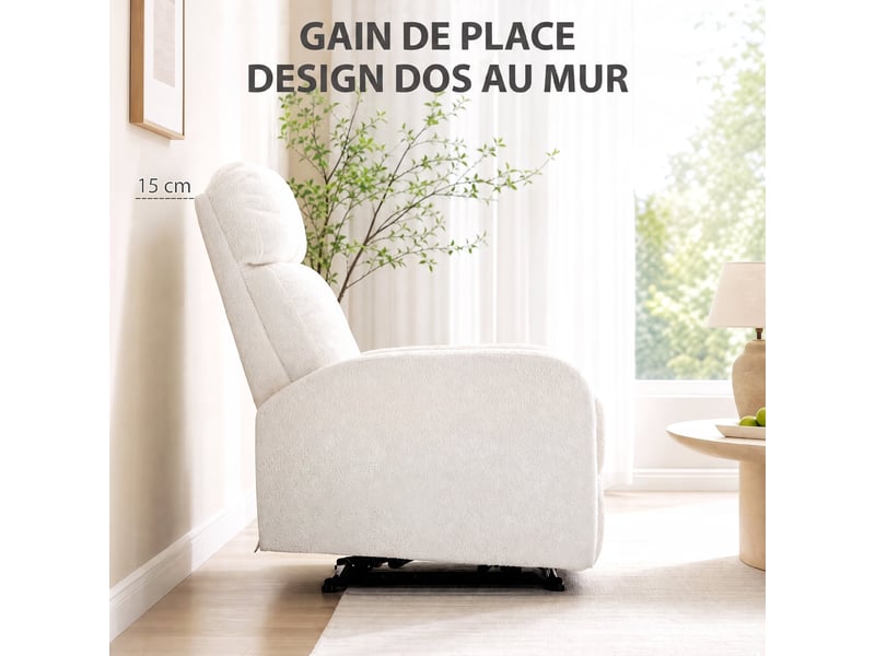  Fauteuil relax inclinable, fauteuil de relaxation en peluche teddy, accoudoirs rembourrés, assise à ressorts, crème  - Conforama R