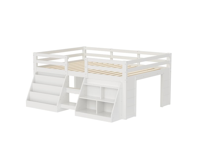  Lit enfant 140 x 200 cm – avec étagères de rangement – ​​avec barrières de sécurité – avec échelle – avec éclairage led – blanc (matelas non inclus)  - Conforama R