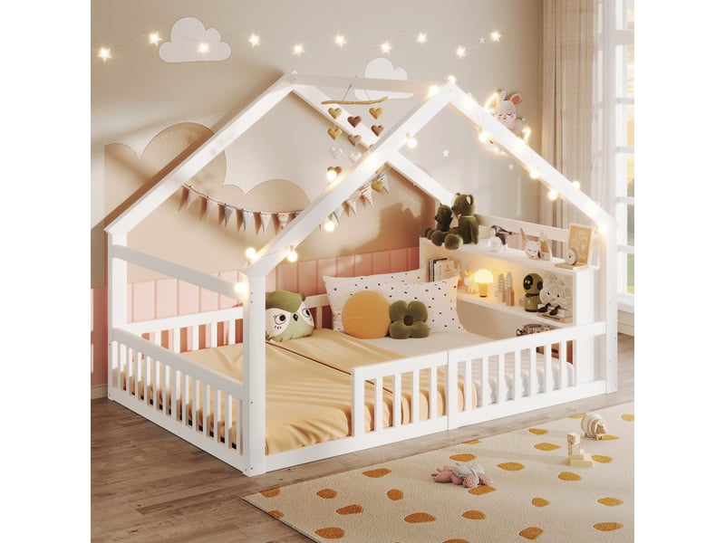  Lit cabane enfant 140x190 cm en bois de pin blanc avec barrières de sécurité et étagères, design minimaliste (sans matelas)  - Conforama R